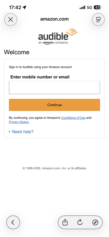 Audible sign-in screen
